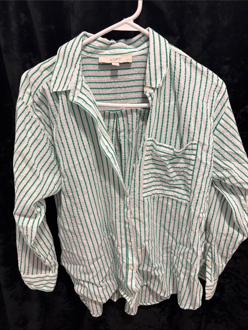 LOFT White and Green Striped Casual Button-Down Shirt